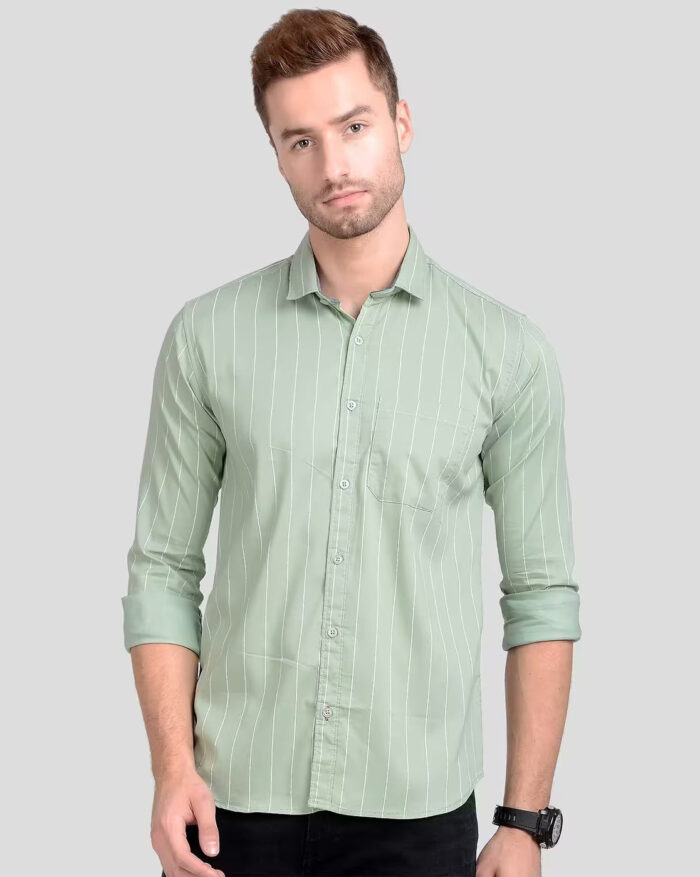 Premium Oxford Cotton - Casual Wear Green And White Vertical Stripes Shirt (SF)