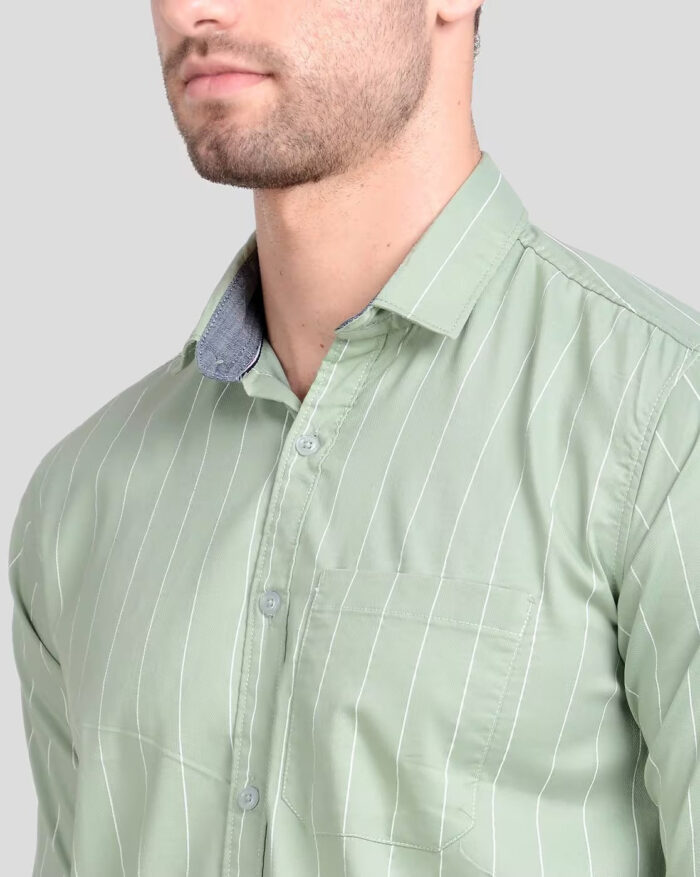 Premium Oxford Cotton - Casual Wear Green And White Vertical Stripes Shirt (SF)