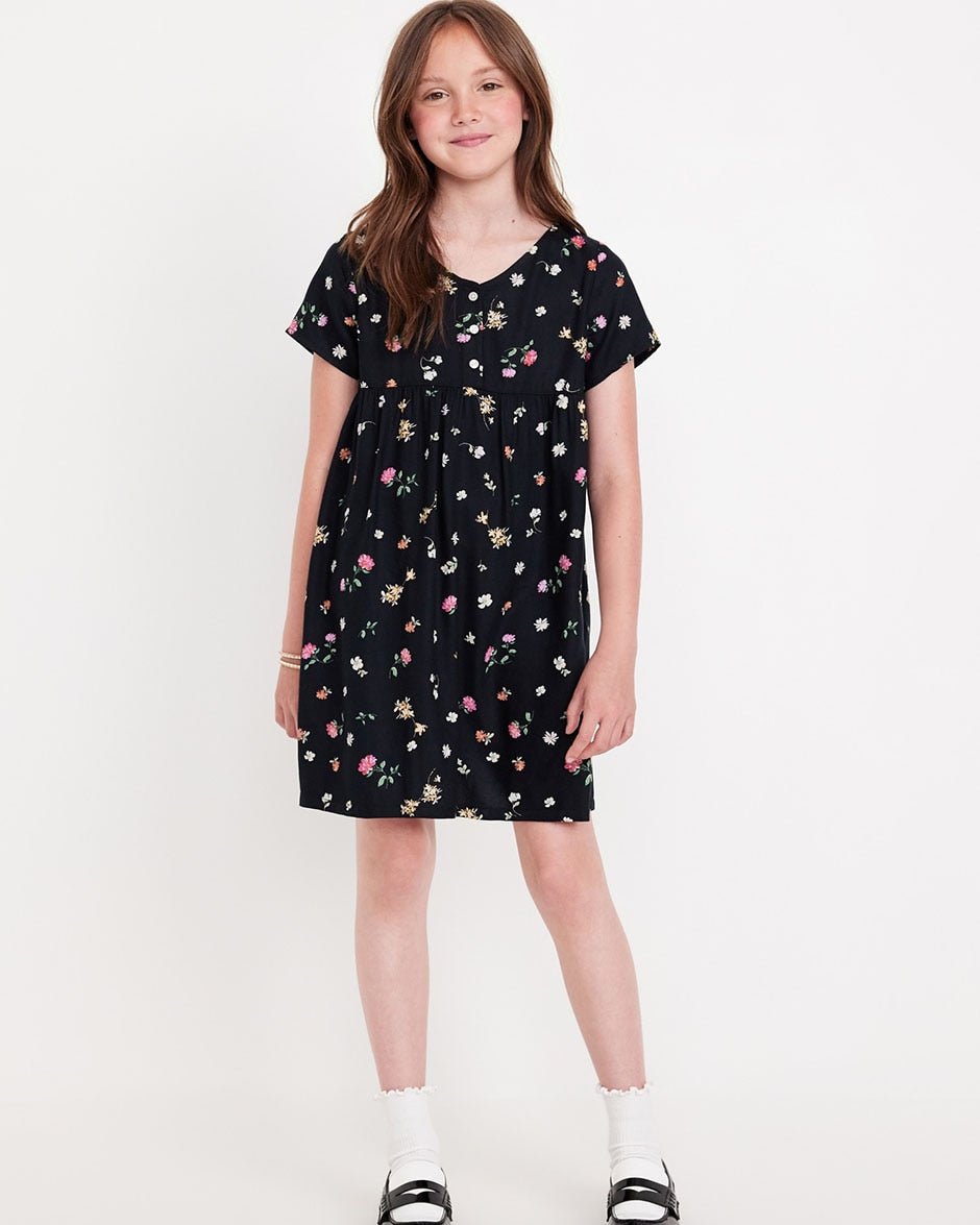 Black Loose Short Sleeve Crepe Dress For Girls