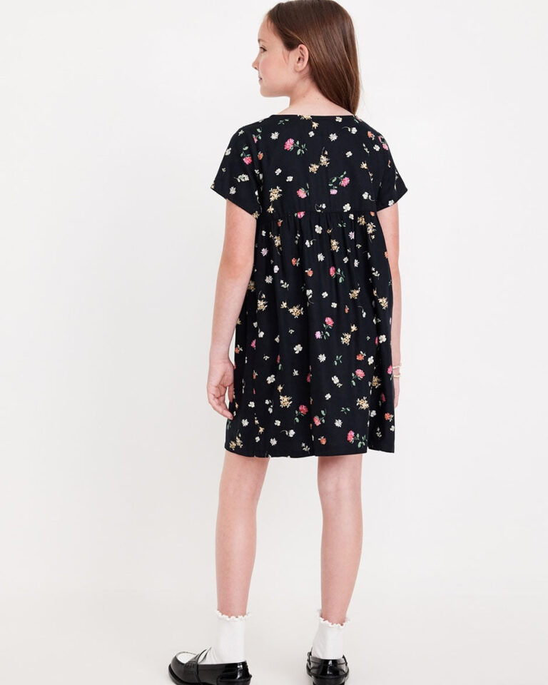 Black Loose Short Sleeve Crepe Dress For Girls