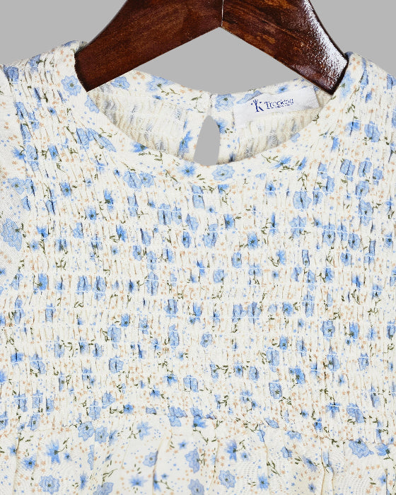 White Blue Floral Print Kids Frock