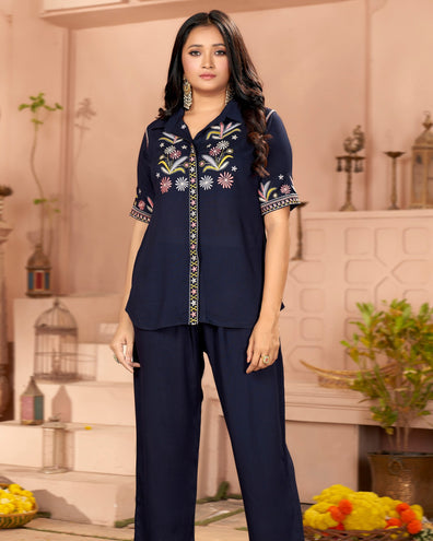 navy blue embroidered co-ord set for women