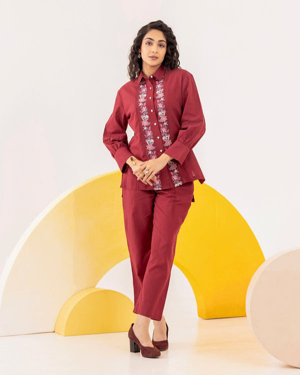 Red Floral Embroidered co-ord set