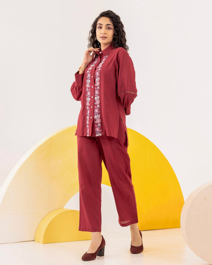 Red Floral Embroidered co-ord set