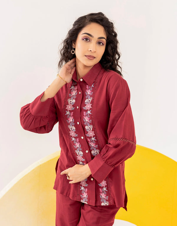 Red Floral Embroidered co-ord set