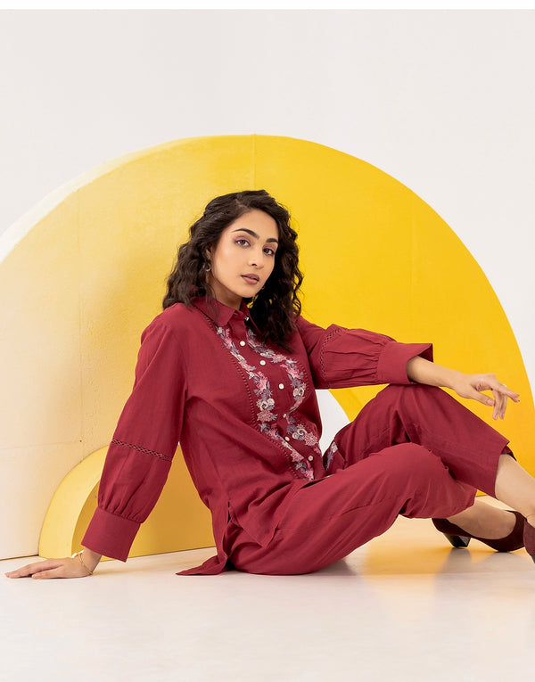 Red Floral Embroidered co-ord set