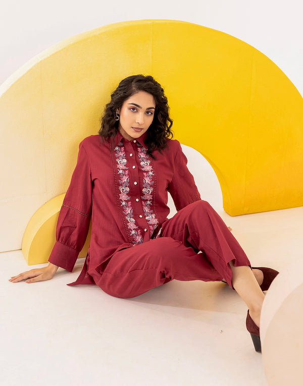 Red Floral Embroidered co-ord set