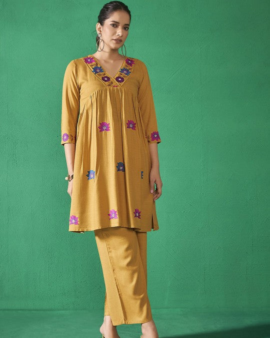 Yellow floral embroidered co-ord set for women