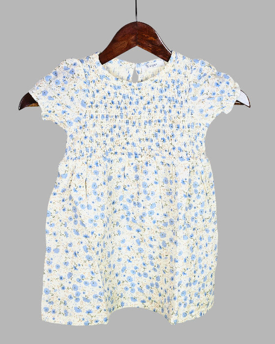 White Blue Floral Print Kids Frock