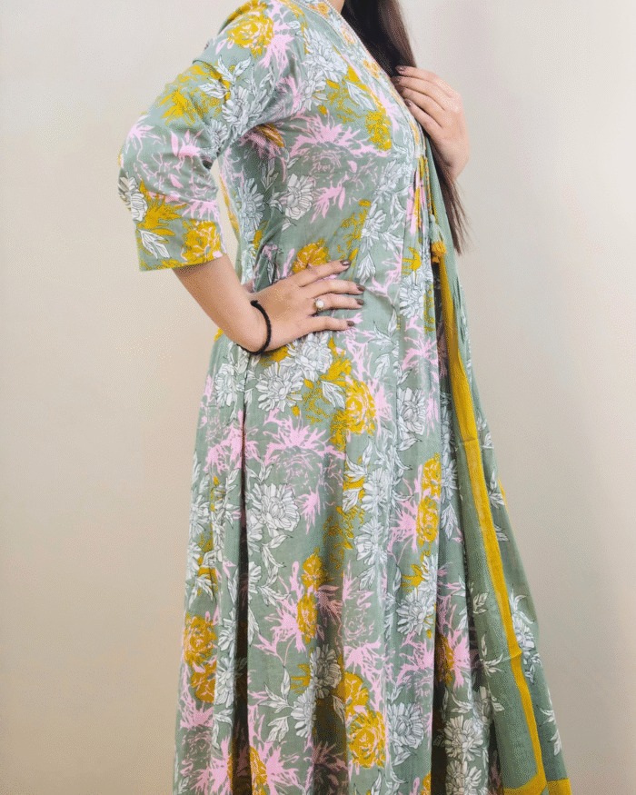 Sky Blue Alia Embroidery A Line Flare Kurti Set