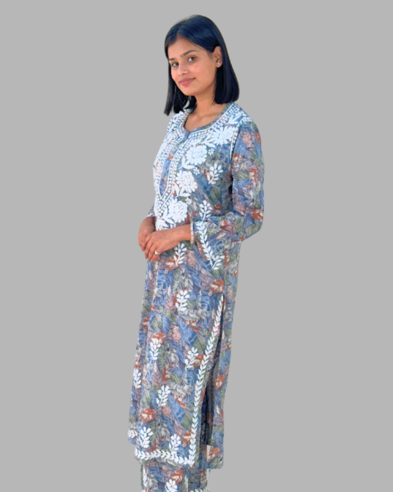 2 Piece floral chikankari long kurta trooking