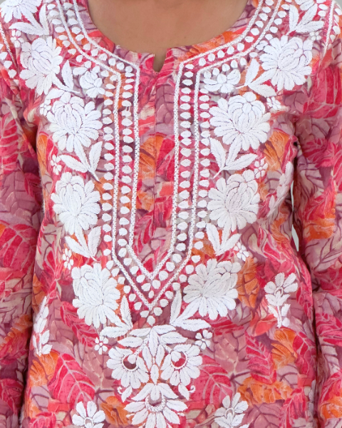 Coral Pink Cotton Chikankari Kurta Set For Women - 2 Piece