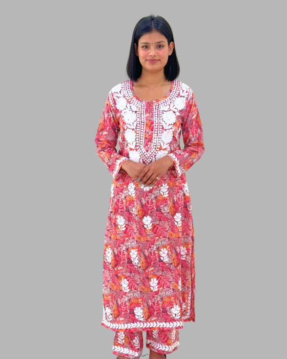 Coral Pink Cotton Chikankari Kurta Set For Women - 2 Piece