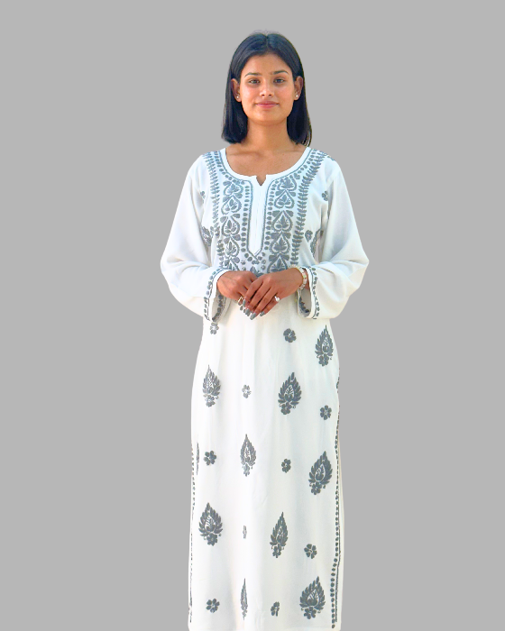 2 Pcs Cotton Chikankari Solid Long Kurta Set