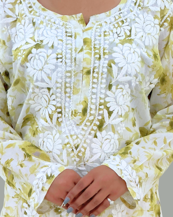 Mehndi Color Chikankari Long Kurta Set Trooking