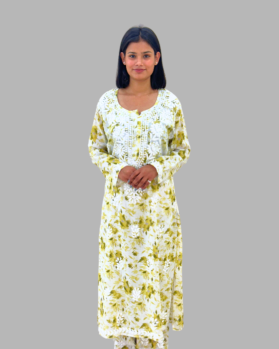 Mehndi Color Chikankari Long Kurta Set Trooking