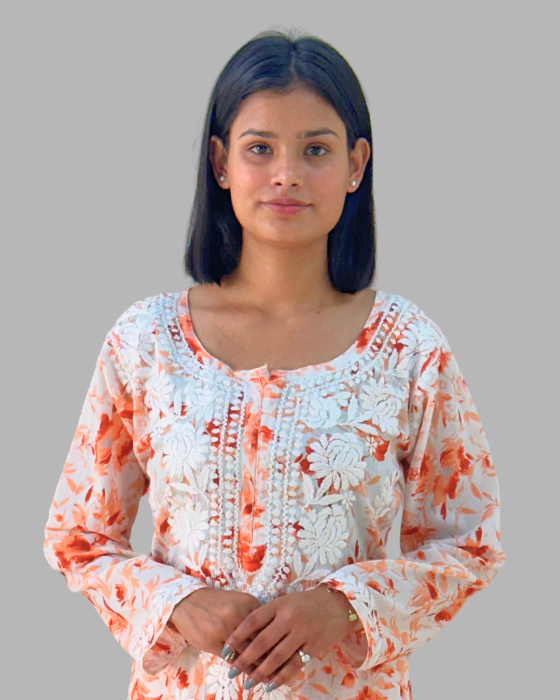 2_Pcs_Orange_Printed_Chikankari_Kurta_Set_1 Orange Printed Chikankari Kurta Set Trooking