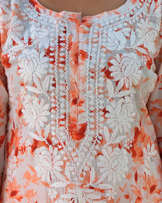 Orange Printed Chikankari Kurta Set Trooking