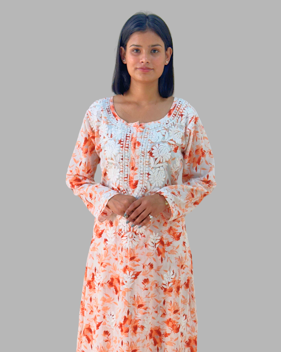 Orange Printed Chikankari Kurta Set Trooking