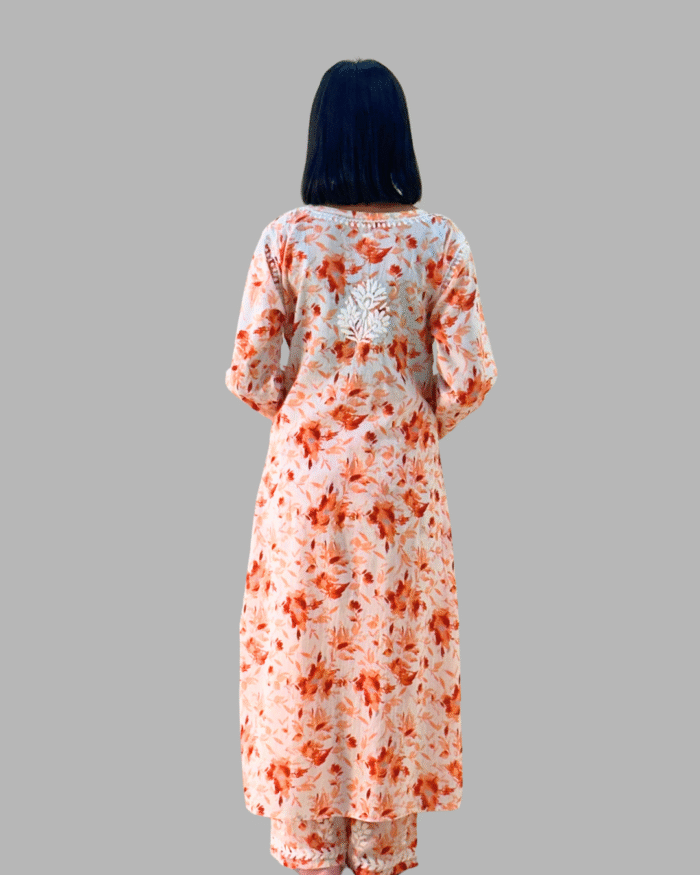 Orange Printed Chikankari Kurta Set Trooking