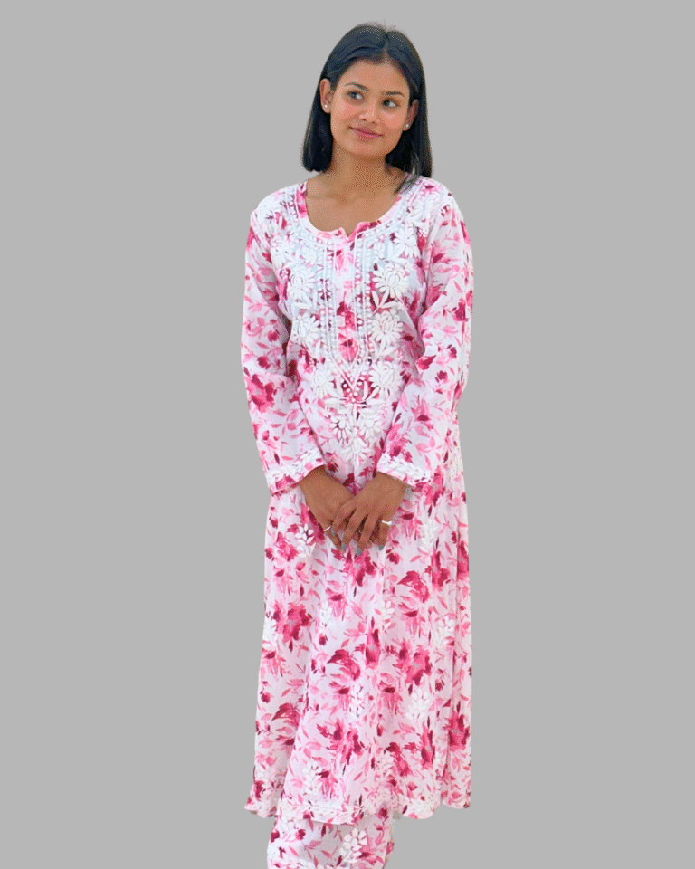 pink floral chikankari long kurta trooking