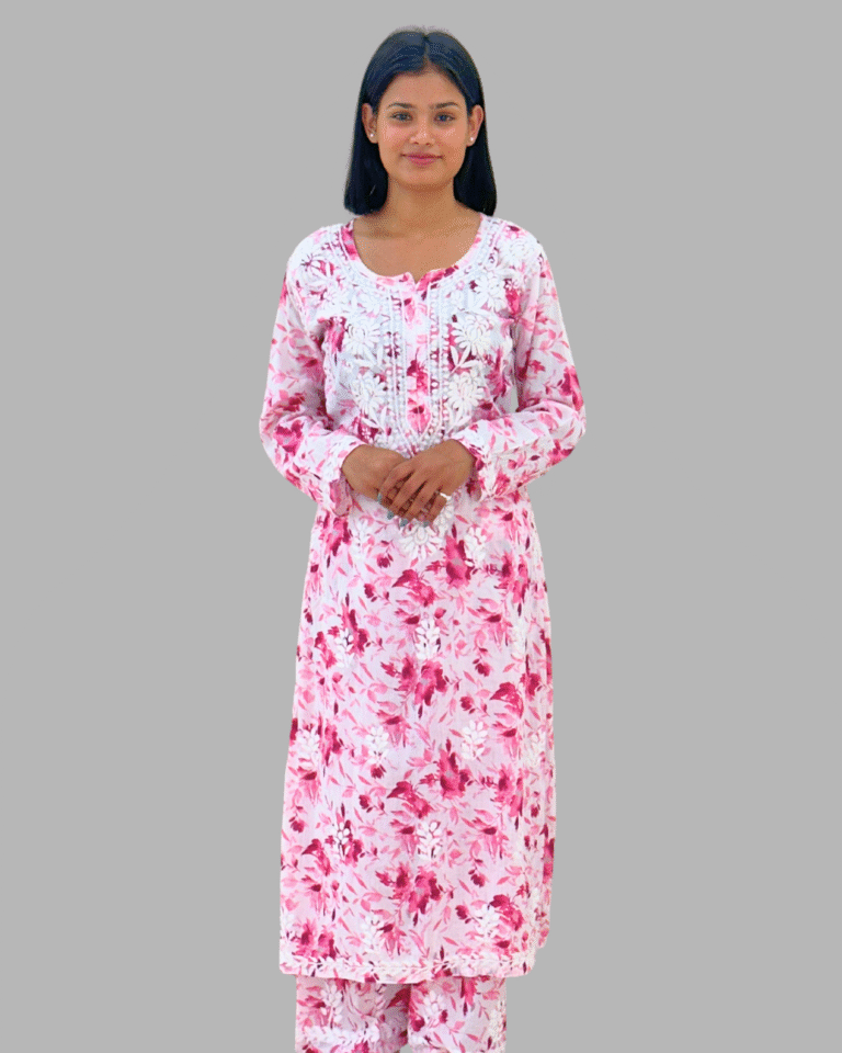 pink floral chikankari long kurta trooking