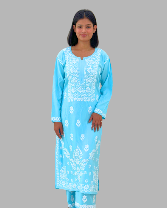2_Pcs_Sky_Blue_Chikankari_Long_Kurta_Set_3 sky blue chikankari long kurta set for women