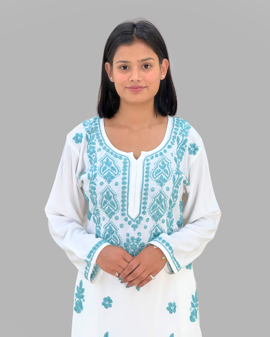 Trooking white & sky blue floral embroidered chikankari kurta set for women