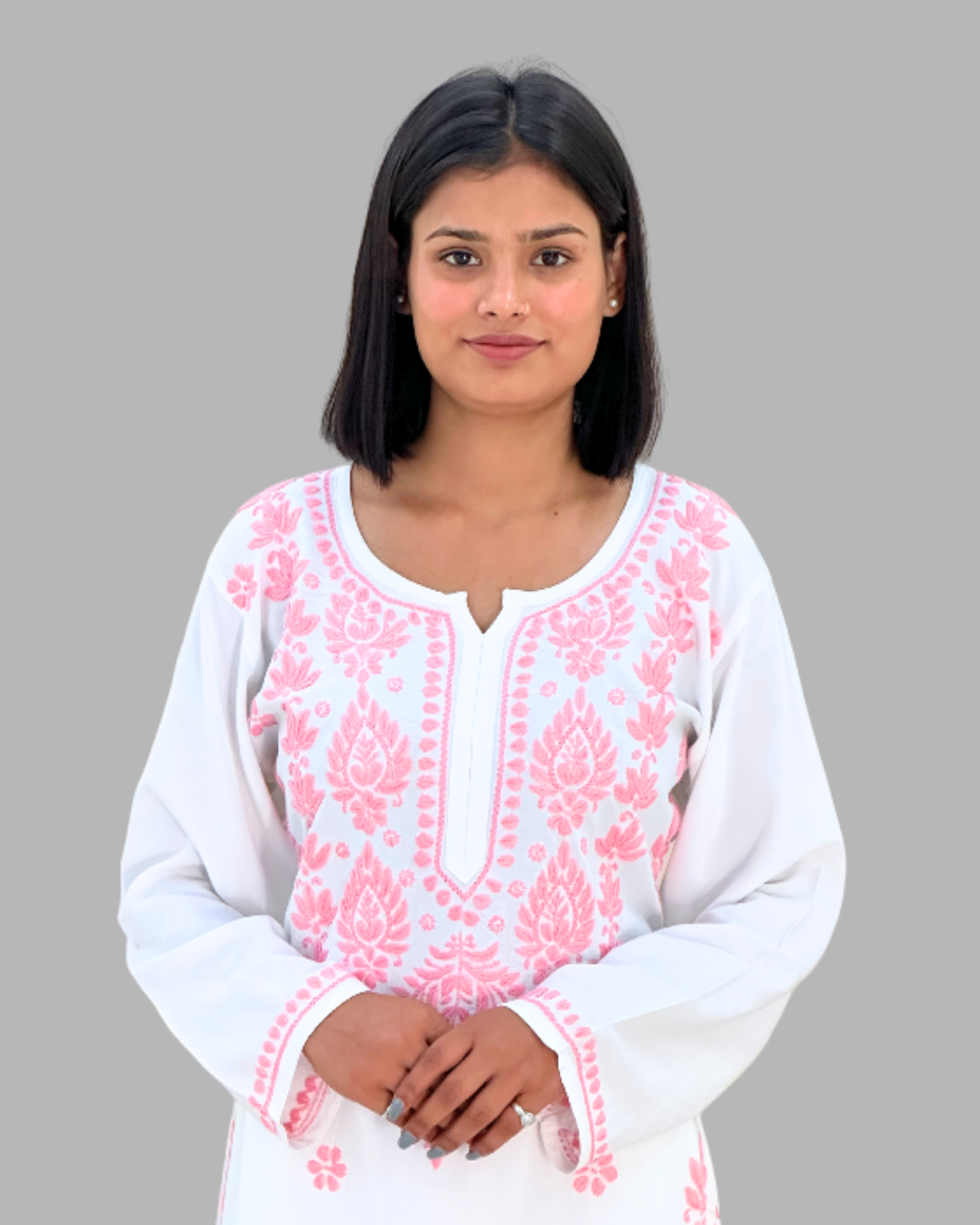 white & pink embroidered chikankari kurta set for women_trooking fashions