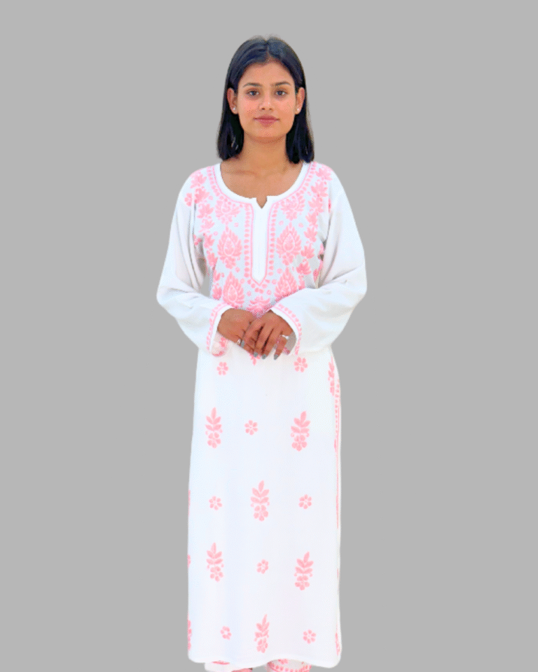 white & pink embroidered chikankari kurta set for women_trooking fashions