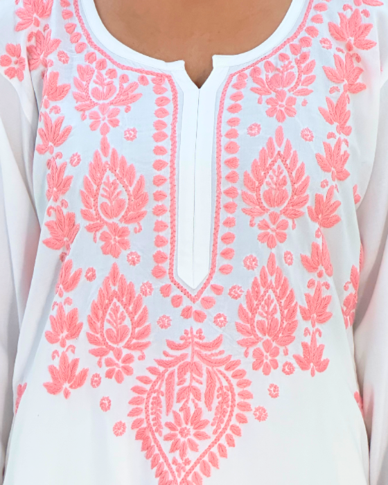white & pink embroidered chikankari kurta set for women_trooking fashions