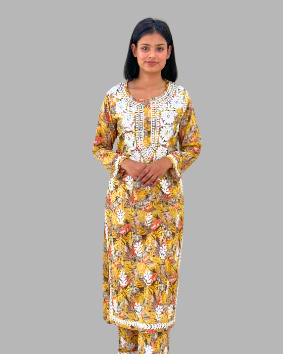 Yellow Chikankari Long Kurta Set 2 piece