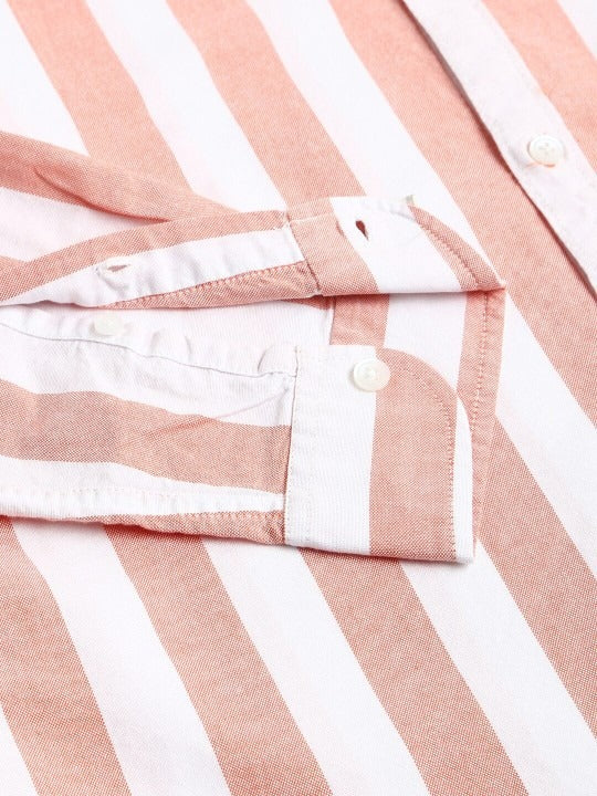 Premium Oxford Cotton Peach Stripes Casual Shirt (SF)