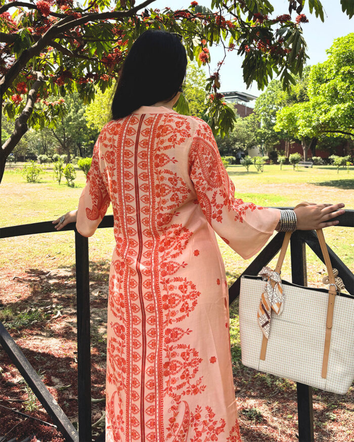 orange floral print design kurta set