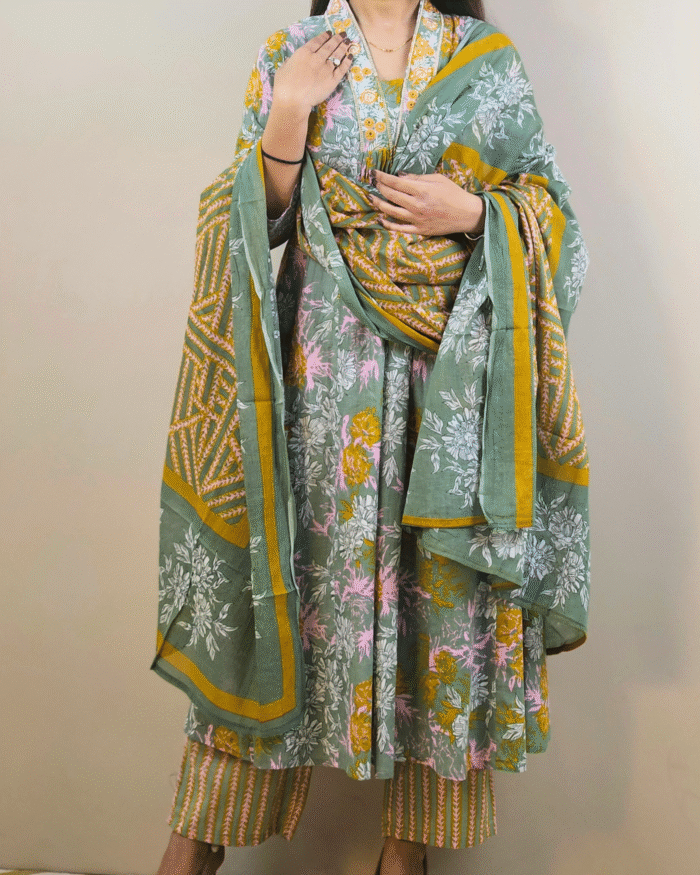 Sky Blue Alia Embroidery A Line Flare Kurti Set