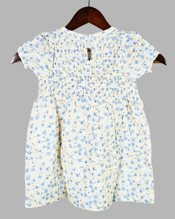 White Blue Floral Print Kids Frock