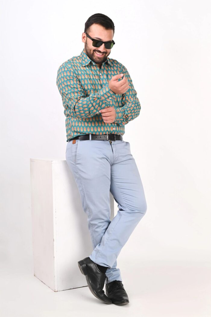 Sea Green Jaipuri Full Sleeve Printed Shirt for Men