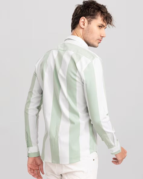 Premium Oxford Cotton Green Stripes Casual Shirt (SF)