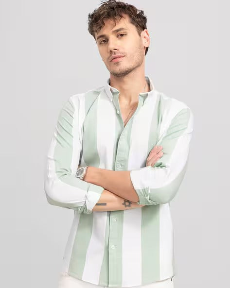 Premium Oxford Cotton Green Stripes Casual Shirt (SF)