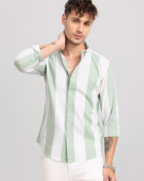 Premium Oxford Cotton Green Stripes Casual Shirt (SF)