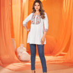 Cream Round Neck With V Cut Tunic Top Trooking