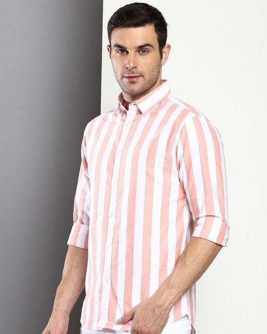 Premium Oxford Cotton Peach Stripes Casual Shirt (SF)