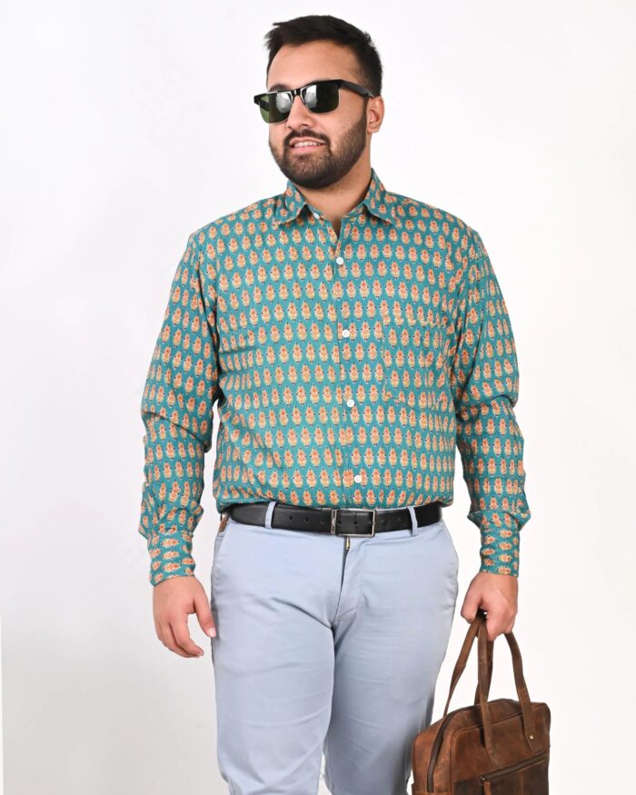 Sea Green Jaipuri Full Sleeve Printed Shirt for Men
