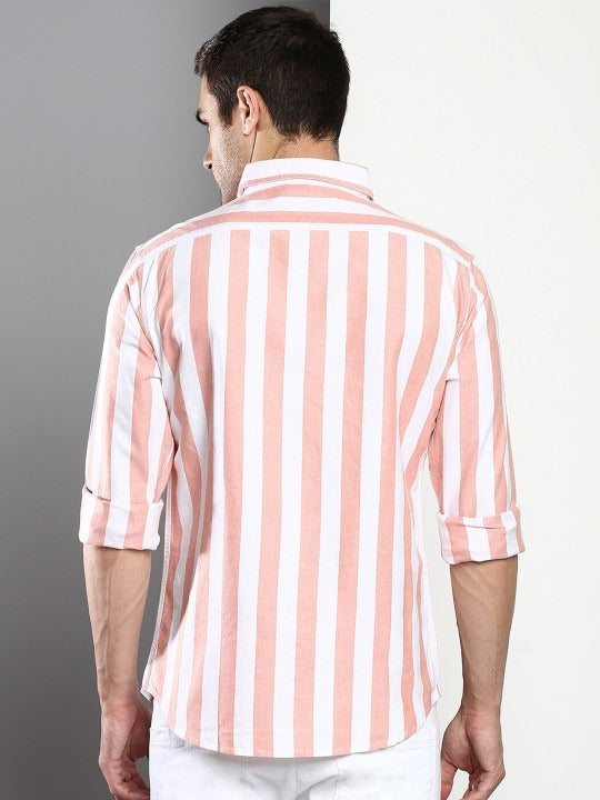 Premium Oxford Cotton Peach Stripes Casual Shirt (SF)