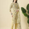 Yellow Cotton Adda Work With Dabu Print 3 Pcs Suit