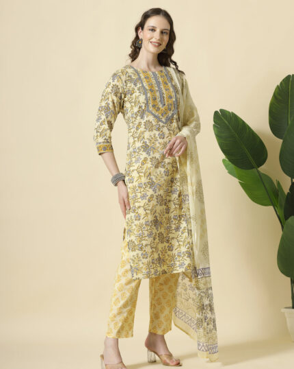 Yellow Cotton Adda Work With Dabu Print 3 Pcs Suit
