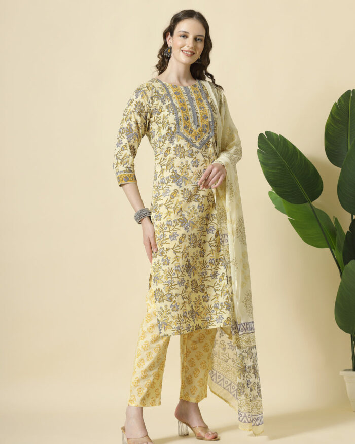 Yellow Cotton Adda Work With Dabu Print 3 Pcs Suit