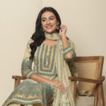 Light Green Mughal Art Organza Print 3 Pcs Suit