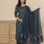 Blue Digital Print Cotton 3 Pcs Suit