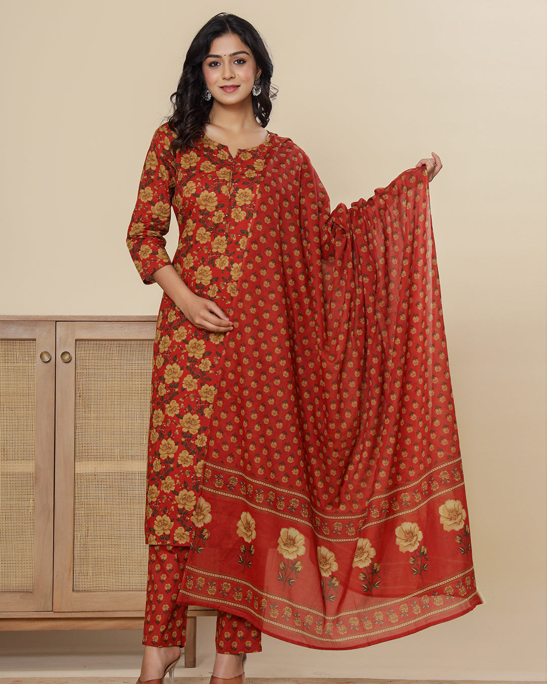 Red Digital Print Cotton 3 Pcs Suit